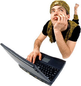 man dressed as a genie using a computer